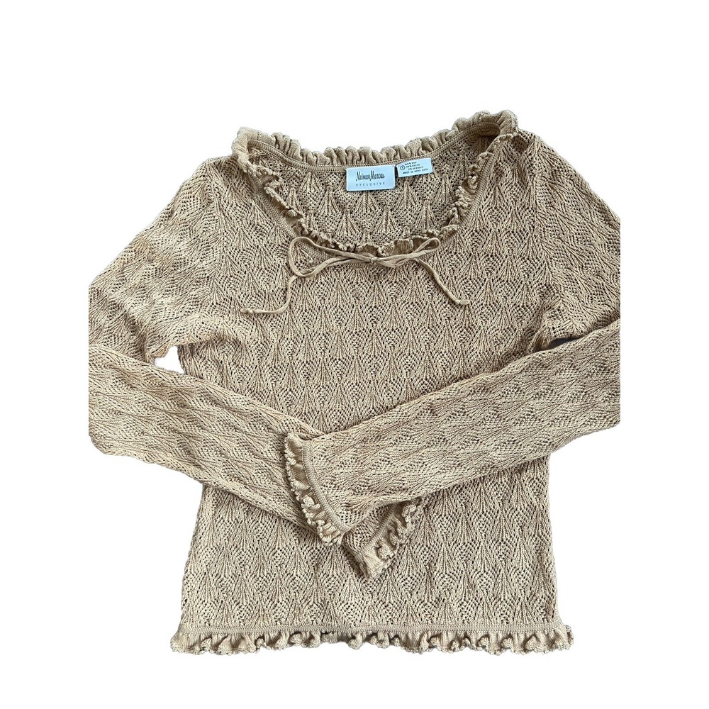 Neiman Marcus Exclusive Silk Knit Sweater Small Beige Ruffles Preppy